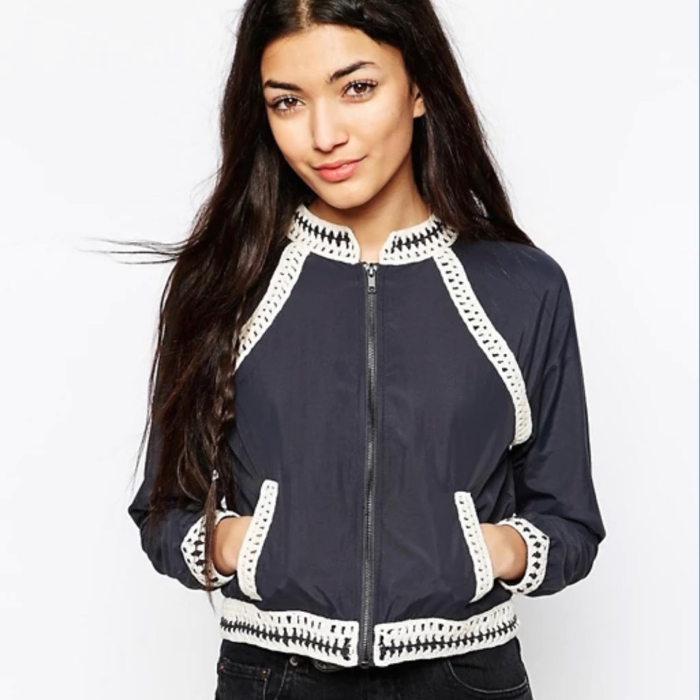 Free People Navy Bomber Jacket with White Crochet Trim